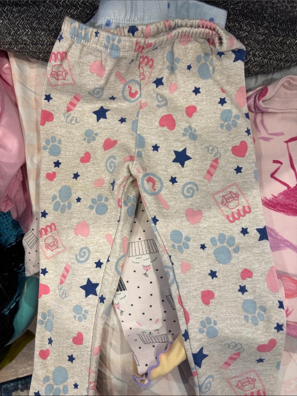 Kids Pink & Blue Printed Pajama Pants - Cute Heart & Paw Pattern